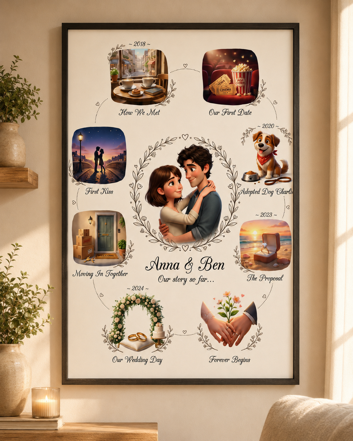 Love Story Map — framed poster on wall